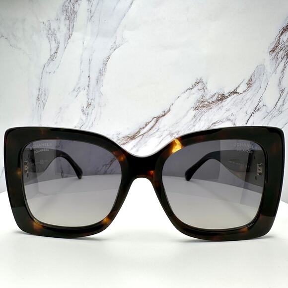 New CHANEL Sunglasses Brown Acetate Tortoise Square Gold Metal Chain CC main image 10
